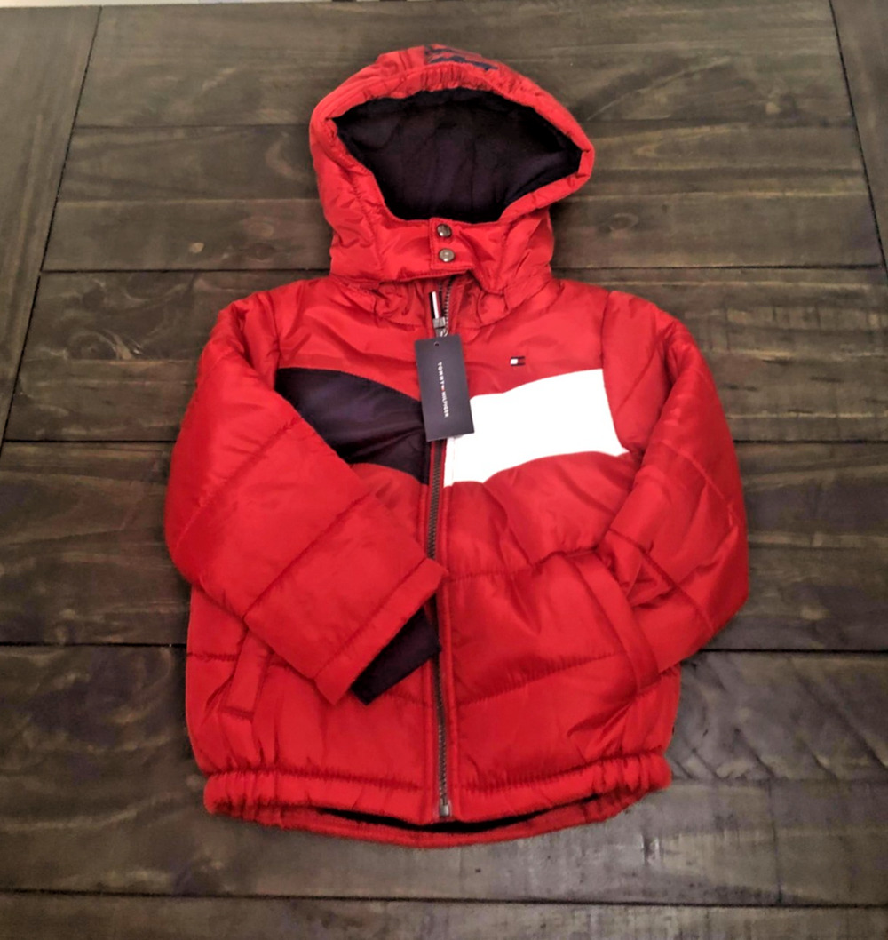 Tommy Hilfiger Boys Puffer Jacket Red Blue White Hood Spellout Size 4 NWT